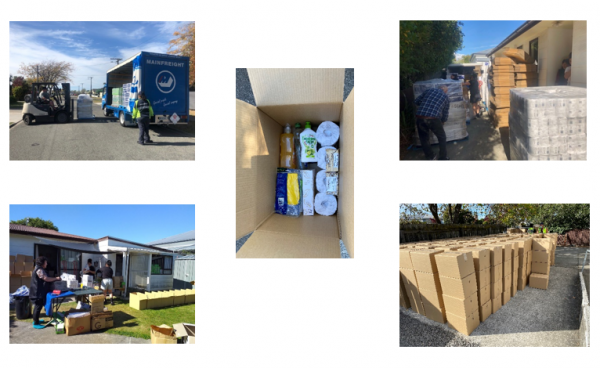 Five photo block showing packing anddelivering food packages